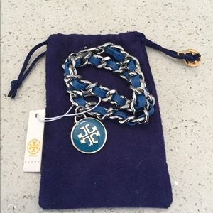 Tory Burch leather double wrap blue bracelet